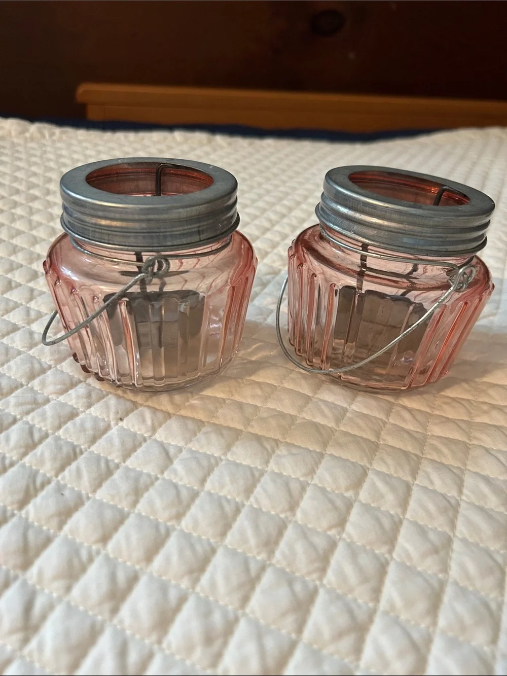 Set of Two Pink Glass Lanterns with Metal Lids and Handles